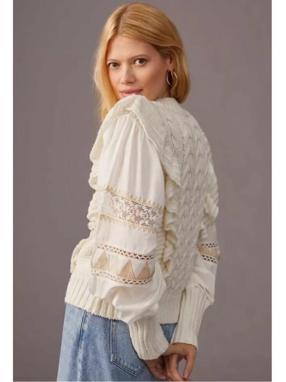 Anthropologie Cable Knit Ivory Ruffle Puff Sleeve